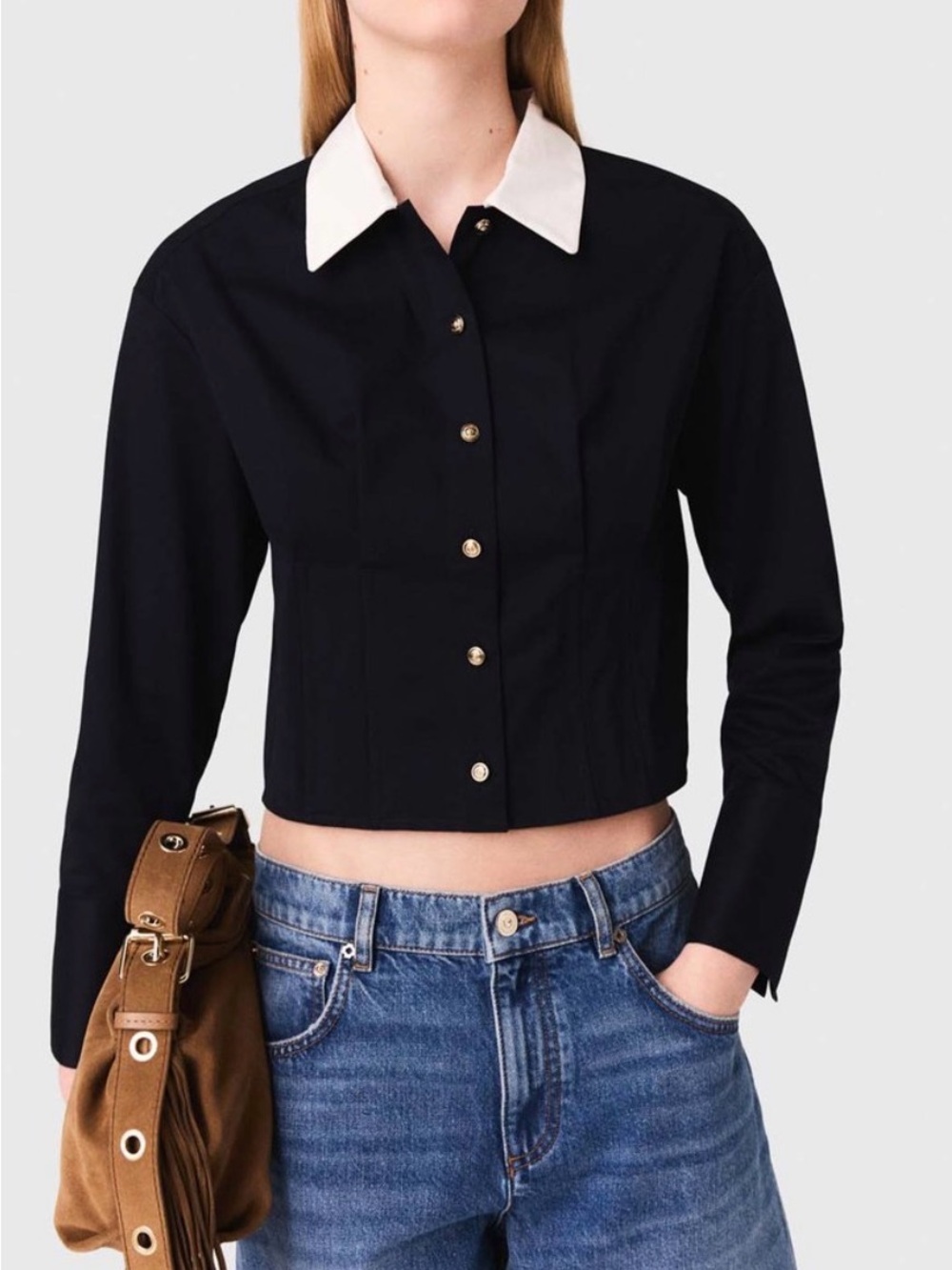 Maje Colini Blouse Cropped Button-Front with White Collar size large MSRP $322